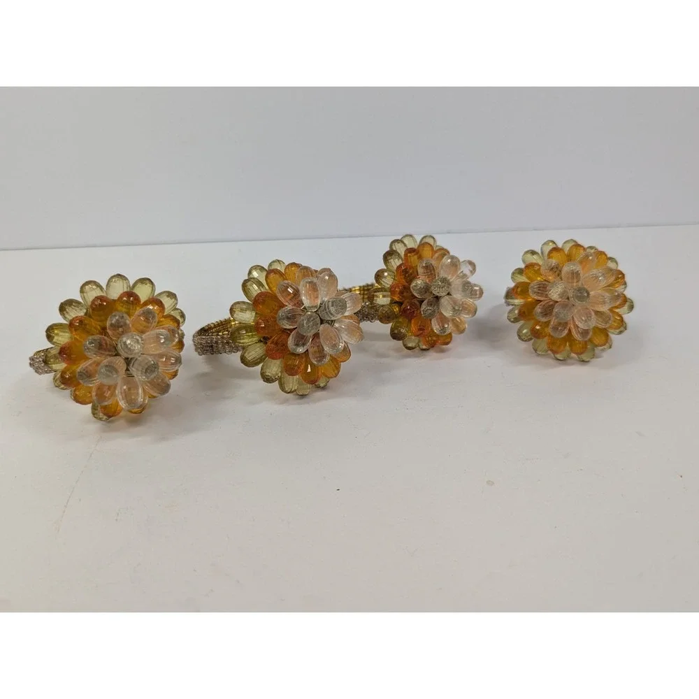 4 Vintage Mid Century Modern Vibe Orange Yellow Clear Faceted Bead‎ Napkin Rings